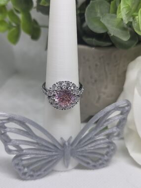 BP Rose Quartz Halo Ring with Clear Accent Stones On Rhodium Plating